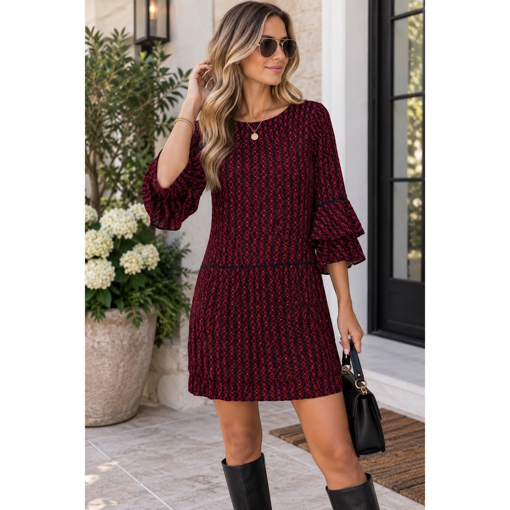 Emberley Womens Burgundy Navy Blue Geometric Ruffle Bell Sleeve Shift Dress S